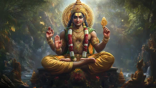 Radiant forest deity sits in peaceful golden meditation glow