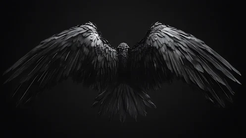 3D-rendered black wings in symmetrical frontal spread composition.
