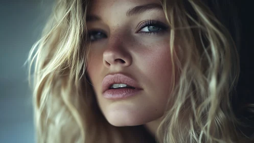 Soft-lit close-up portrait with windswept blonde hair.
