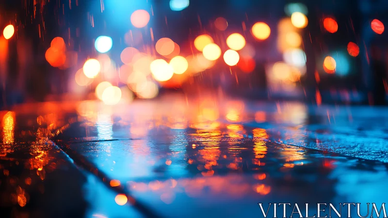 Rainy city street surface with vivid night light reflections.