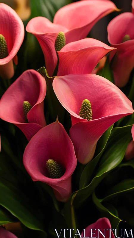 Crimson Calla Lilies Against Dark Foliage.