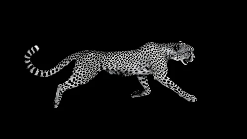 Monochrome cheetah locomotion study on null black field.