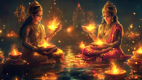 Bilateral river ritual with luminous diyas in digital chiaroscuro.