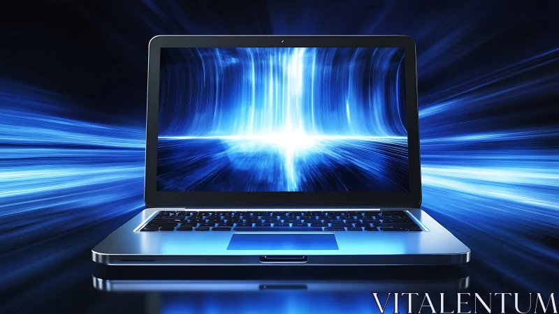 High-speed laptop channels intense blue digital energy.