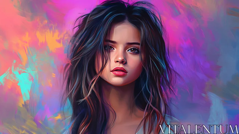 Vibrant digital portrait of young woman in neon haze.
