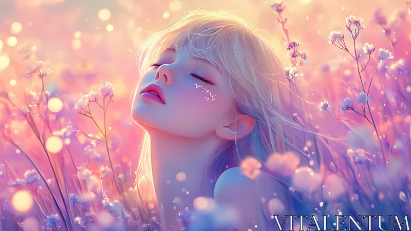 Ethereal anime girl in pastel wildflower field, dreamy bokeh glow