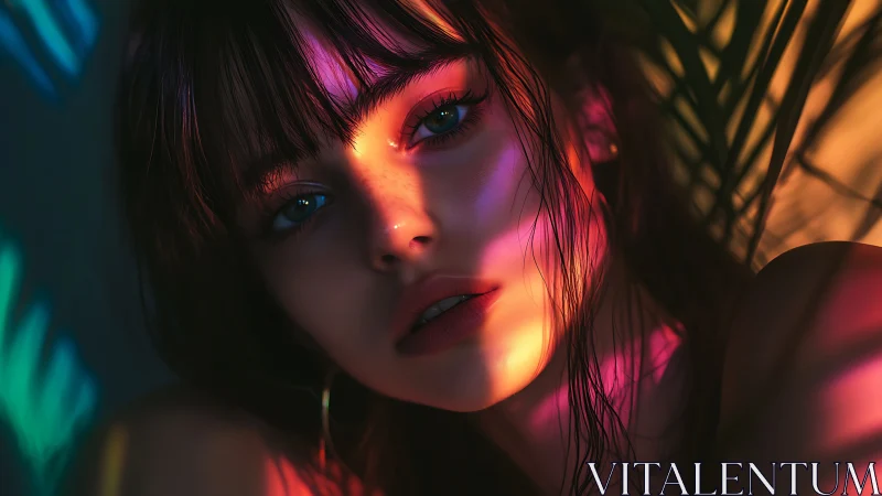 Neon daydream girl drenched in prismatic sunset shadows.