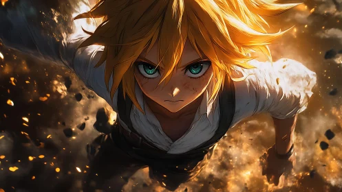 Blond anime character advancing amid airborne embers.