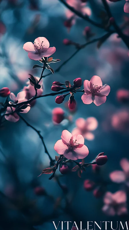 Delicate Pink Cherry Blossoms Against Moody Teal Background.