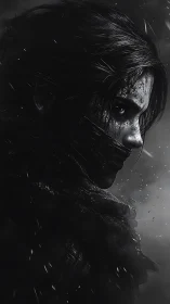 Battle-scarred rogue in stark monochrome side portrait.