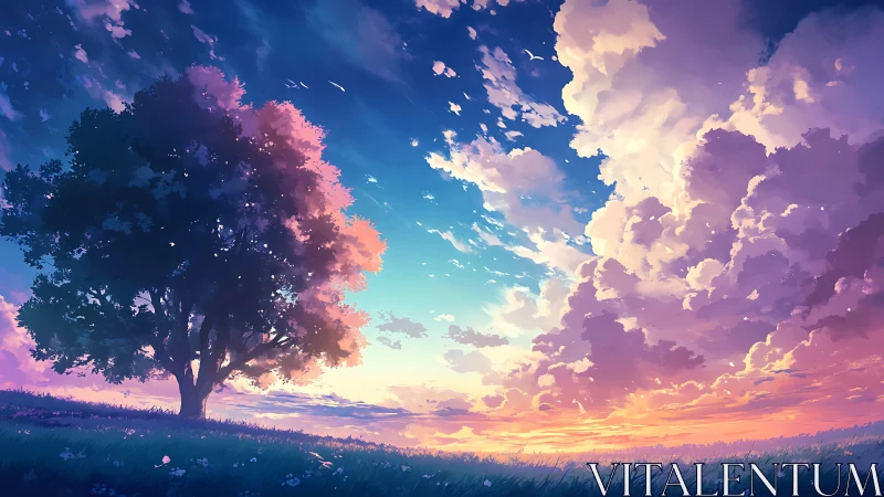 Peaceful sunset tree under a dreamy pastel sky.