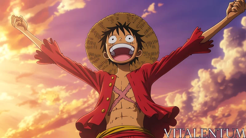 Joyful straw hat adventurer celebrates under glowing skies