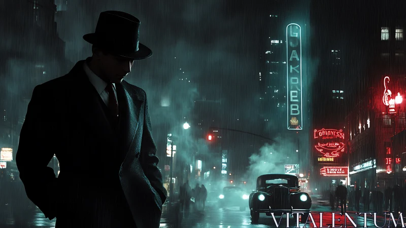Noir detective in rainlit city with glowing neon haze.