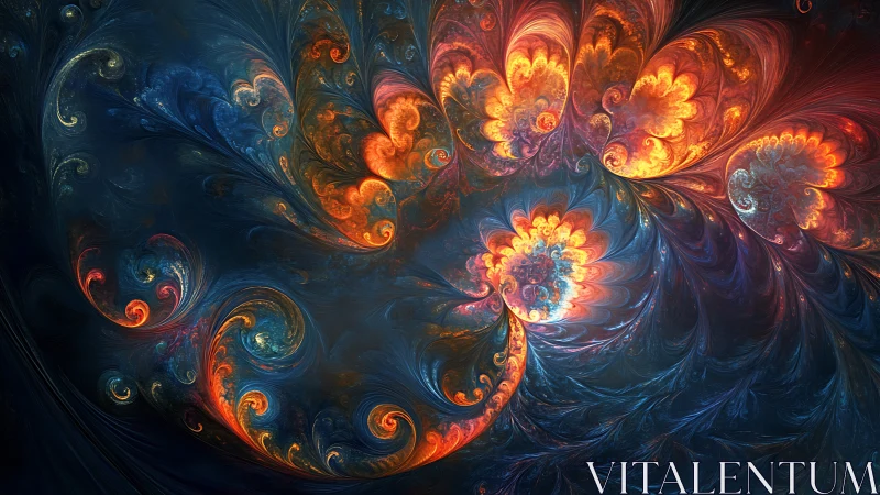 Fractal floral nebula with luminous spirals and fiery petals.