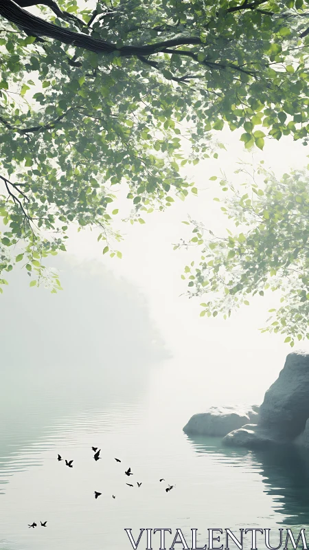 Mist veiled lakeside glows under leafy boughs at sunrise