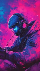 Hooded gamer in visor helmet sits in neon pink blue haze