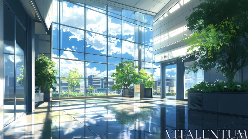 Sunlit glass atrium where city views meet quiet greenery.