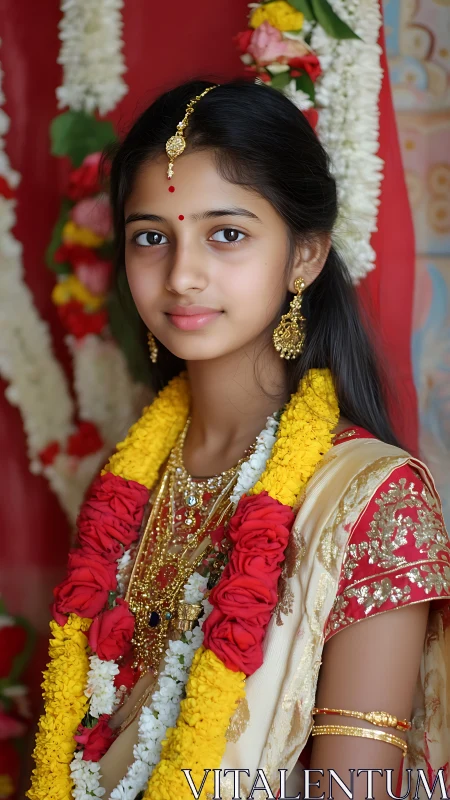 Traditional Indian Portrait with Festival Jewelry and Floral Garlands.