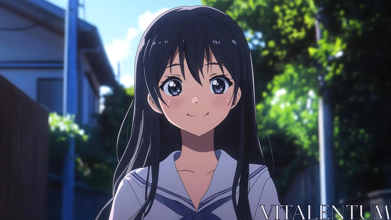 Anime schoolgirl with long dark hair in outdoor setting.