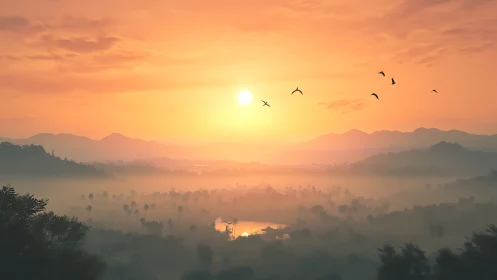 Sun over misty layered hills and distant palm valley.