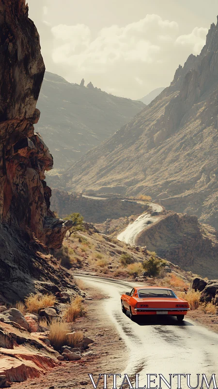 Orange classic car drives along narrow winding desert road