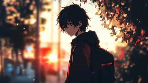 Backlit anime student in dusk cityscape with high bokeh contrast