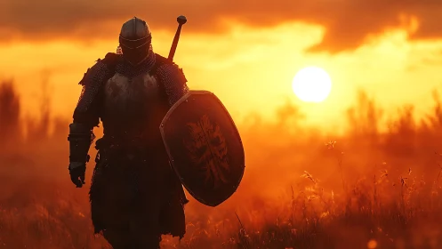Armored medieval knight in field against low setting sun.