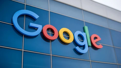 Colorful Google logo signage on modern glass facade.