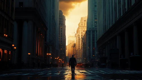 Solitary figure crossing wet city street at dramatic sunset.