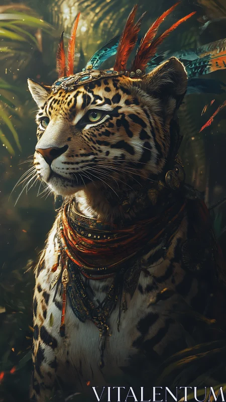 Regal jaguar shaman in feathered headdress, jungle chiaroscuro.