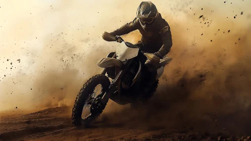 Motocross rider drifts motorcycle through dense flying dirt