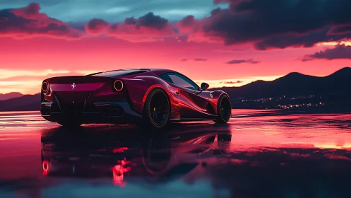 Crimson supercar drinks the neon sunset on mirrored asphalt