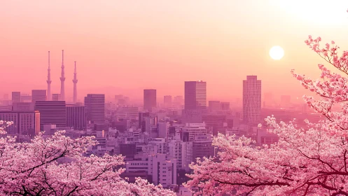 Urban skyline with cherry blossoms at hazy sunset.