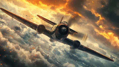 Twin engine aircraft over clouds in dramatic sunset sky.