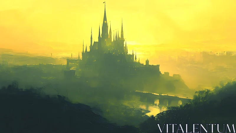 Distant spired castle over river in dense yellow haze.
