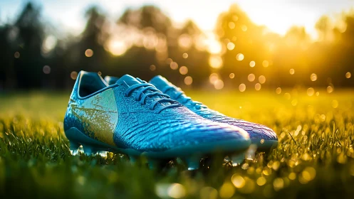Blue soccer cleats catch sunset light on vivid grass field.