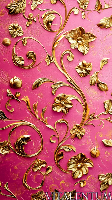Golden floral scrollwork curls across vivid pink dreams