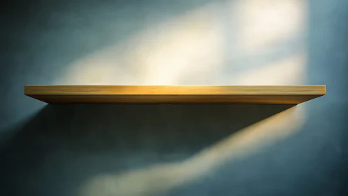 Minimalist floating wood shelf under directional soft daylight