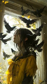 Girl in yellow coat surrounded by crows at bright window.