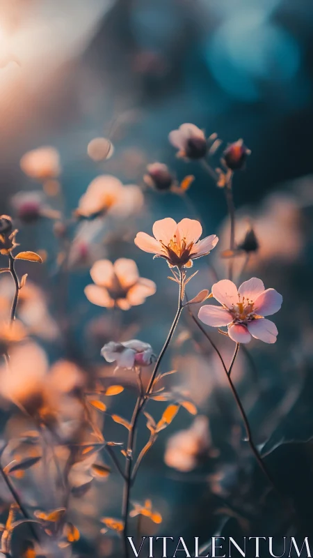 Small flowering plants photographed with selective focus and warm golden light
