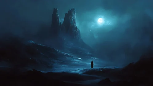 Nocturnal monoliths in cinematic blue digital landscape design.