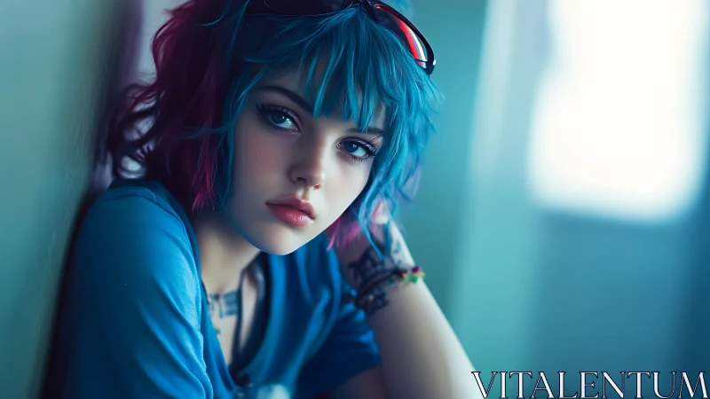 Moody teal haired girl in soft window light portrait.