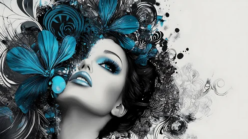 Blue-winged thoughts bloom from her grayscale reverie