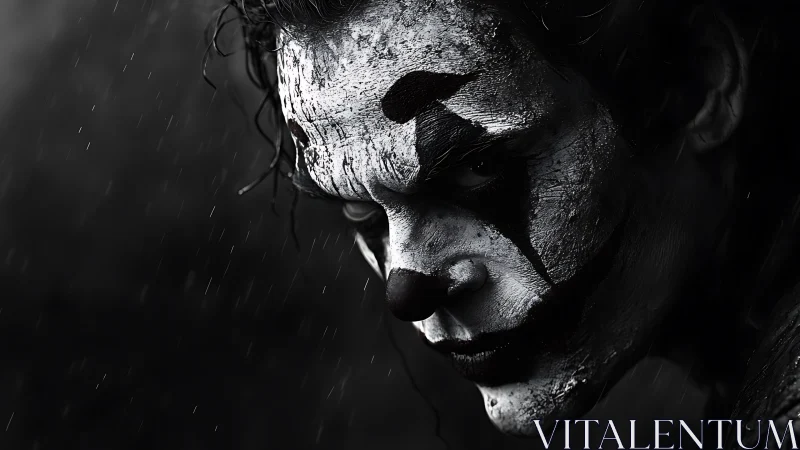 Brooding monochrome clown portrait under streaming rain.