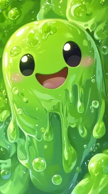 Green anthropomorphic slime character in viscous liquid.