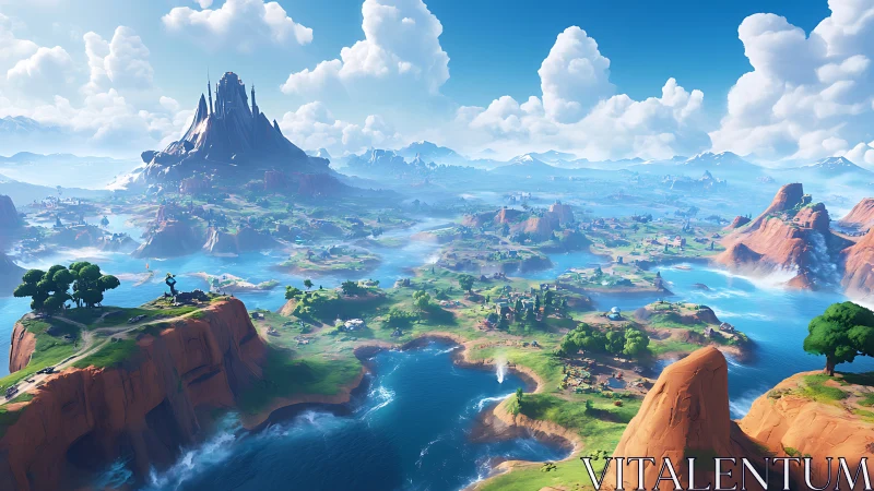 Expansive fantasy landscape with volcanic peak and archipelago waterways