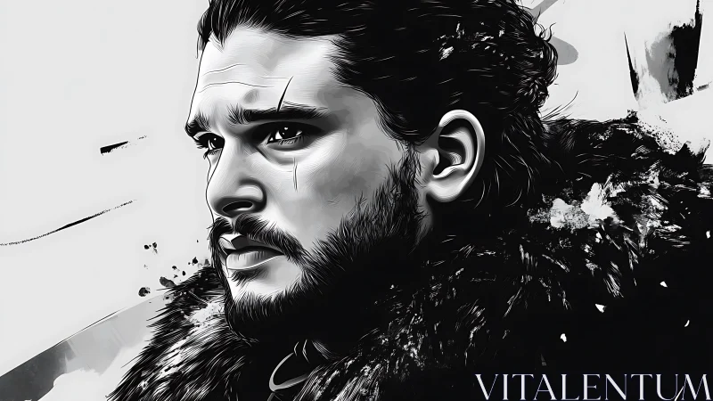 Monochrome digital portrait of fur clad male figure profile.