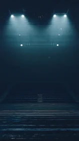 Empty arena drenched in blue stage lights before showtime.