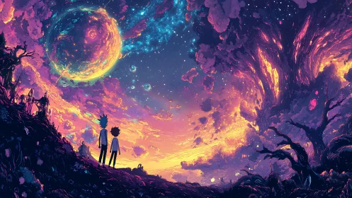 Cosmic landscape with two figures under vast nebula sky.