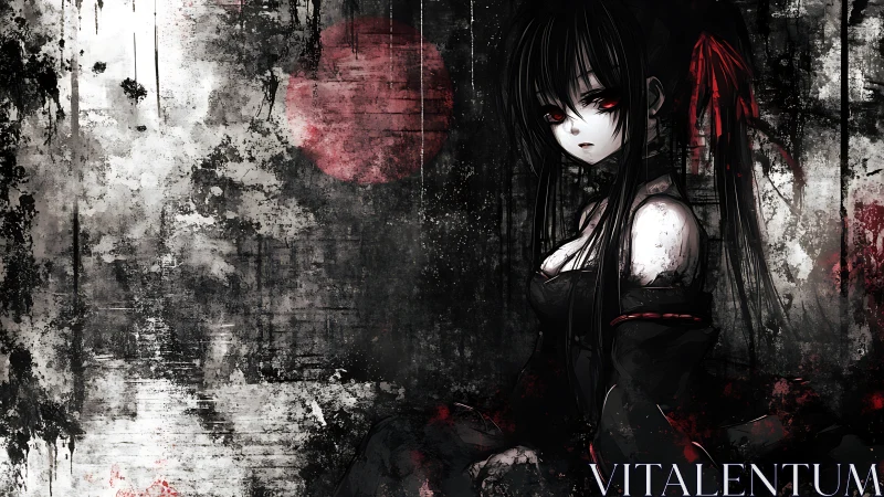 Gothic anime girl amid grunge textures and red glow.